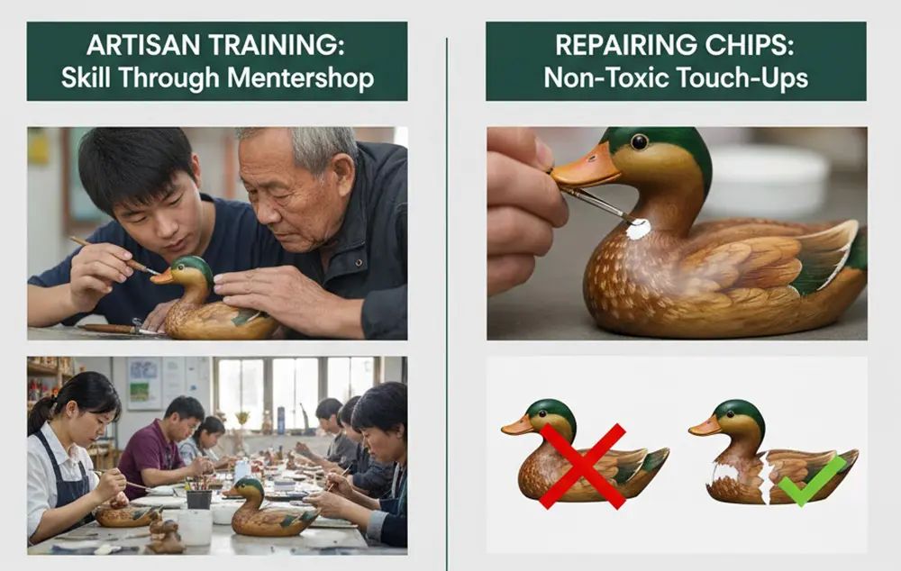 Training and painting of wooden ducks