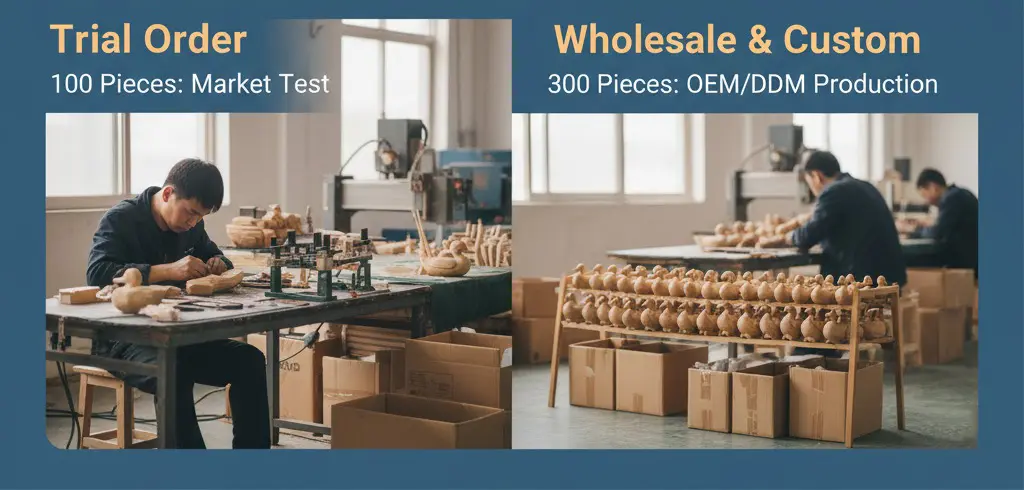 from small test orders to larger wholesale wooden ducks