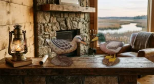 Hand-carved solid wood duck decoys displayed in a rustic cabin fireplace setting
