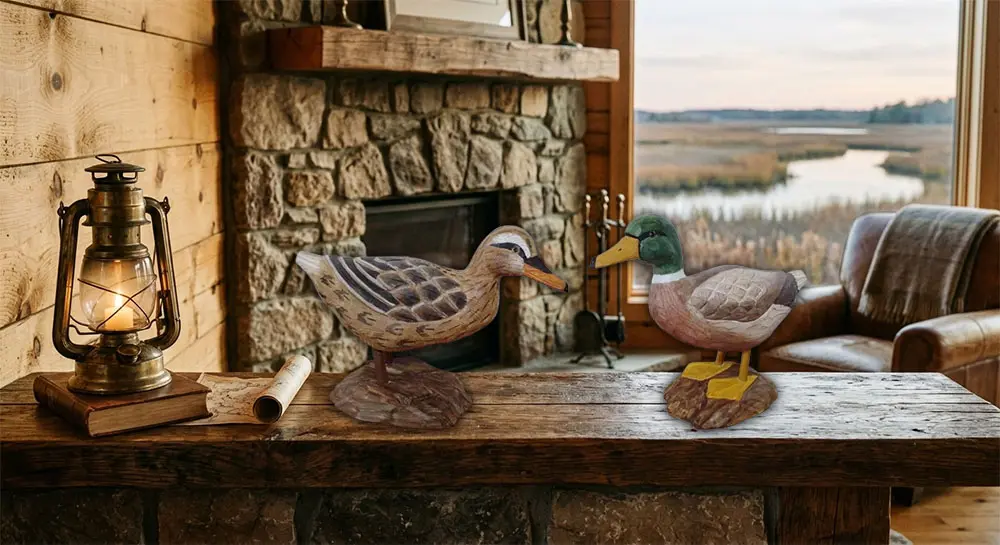 Hand-carved solid wood duck decoys displayed in a rustic cabin fireplace setting
