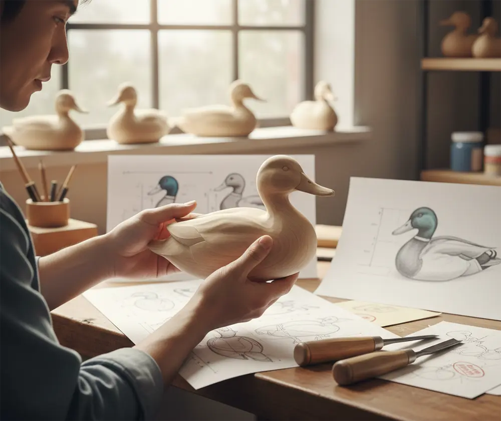 hand-carved wooden duck prototype