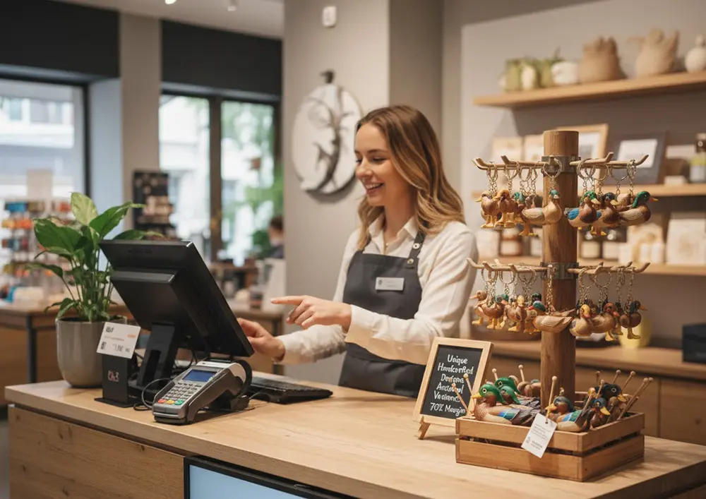 wooden ducks keychain and magnet at checkout