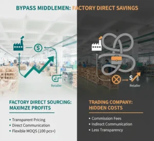 A comparison graphic showing the benefits of Factory Direct Sourcing versus a Trading Company, highlighting transparent pricing and direct communication for wooden bird imports.