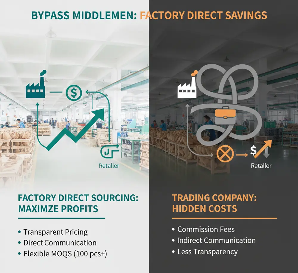 A comparison graphic showing the benefits of Factory Direct Sourcing versus a Trading Company, highlighting transparent pricing and direct communication for wooden bird imports.