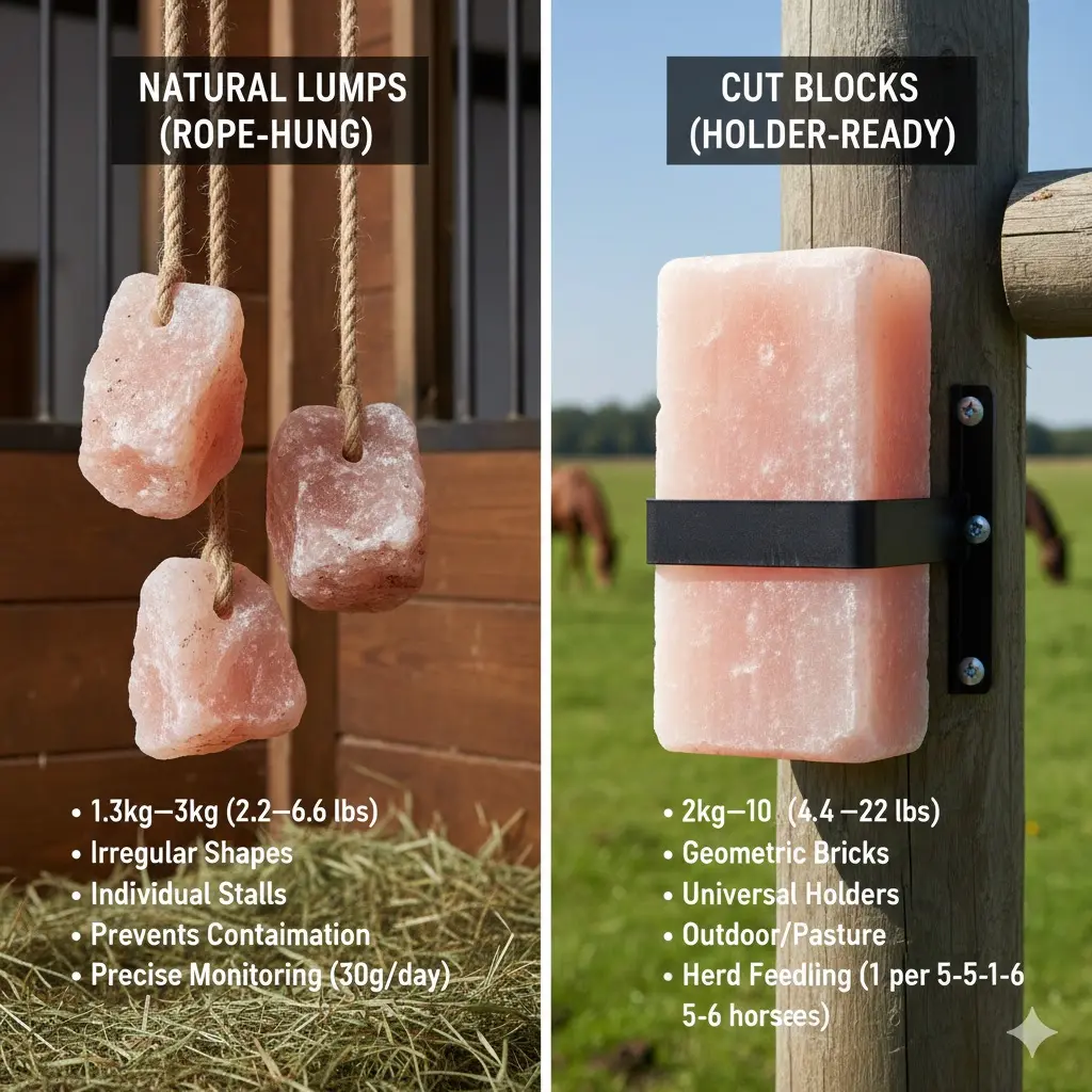 Infographic comparing natural Himalayan salt lumps (1.3kg-3kg) hanging on ropes in a stall versus a geometric cut salt block (2kg-10kg) mounted in a pasture holder, showing weights and usage ratios for horses.