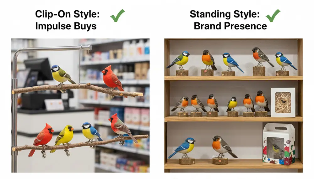 Clip-on vs. Stands wooden bird