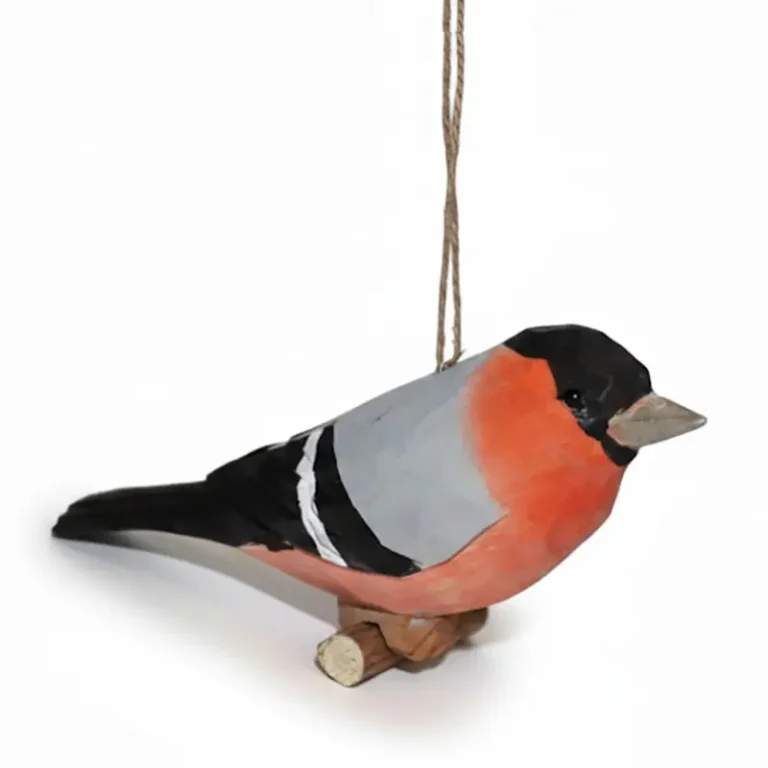 Eurasian Bullfinch wood carving ornament, artisan-quality, built for British damp climate