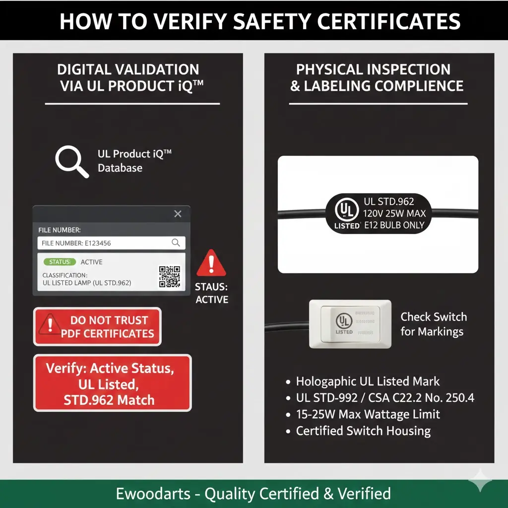Infographic explaining how to verify salt lamp safety certificates using the UL Product iQ database and physical inspection. Highlights include checking for 'Active' status, UL STD.962 compliance, holographic labels, and 15-25W wattage limits to prevent fire risks.