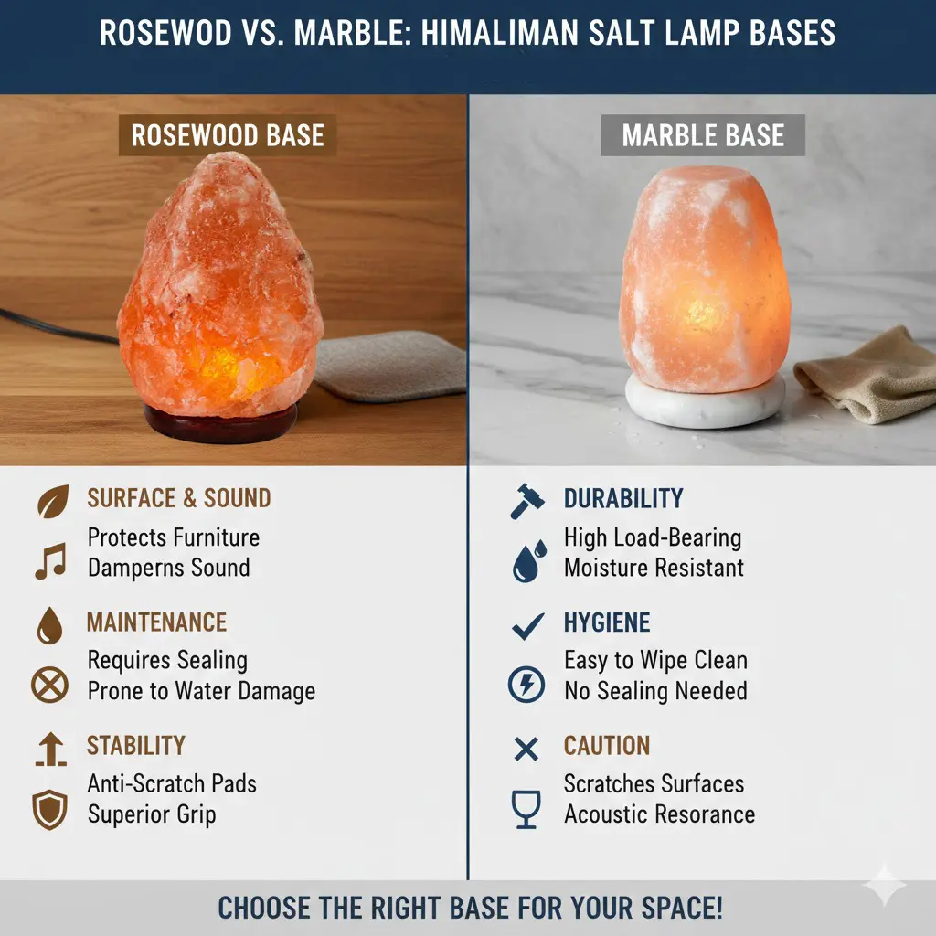 A side-by-side comparison of Himalayan pink salt lamps on a polished white marble base and a natural dark rosewood base, highlighting material texture and durability.