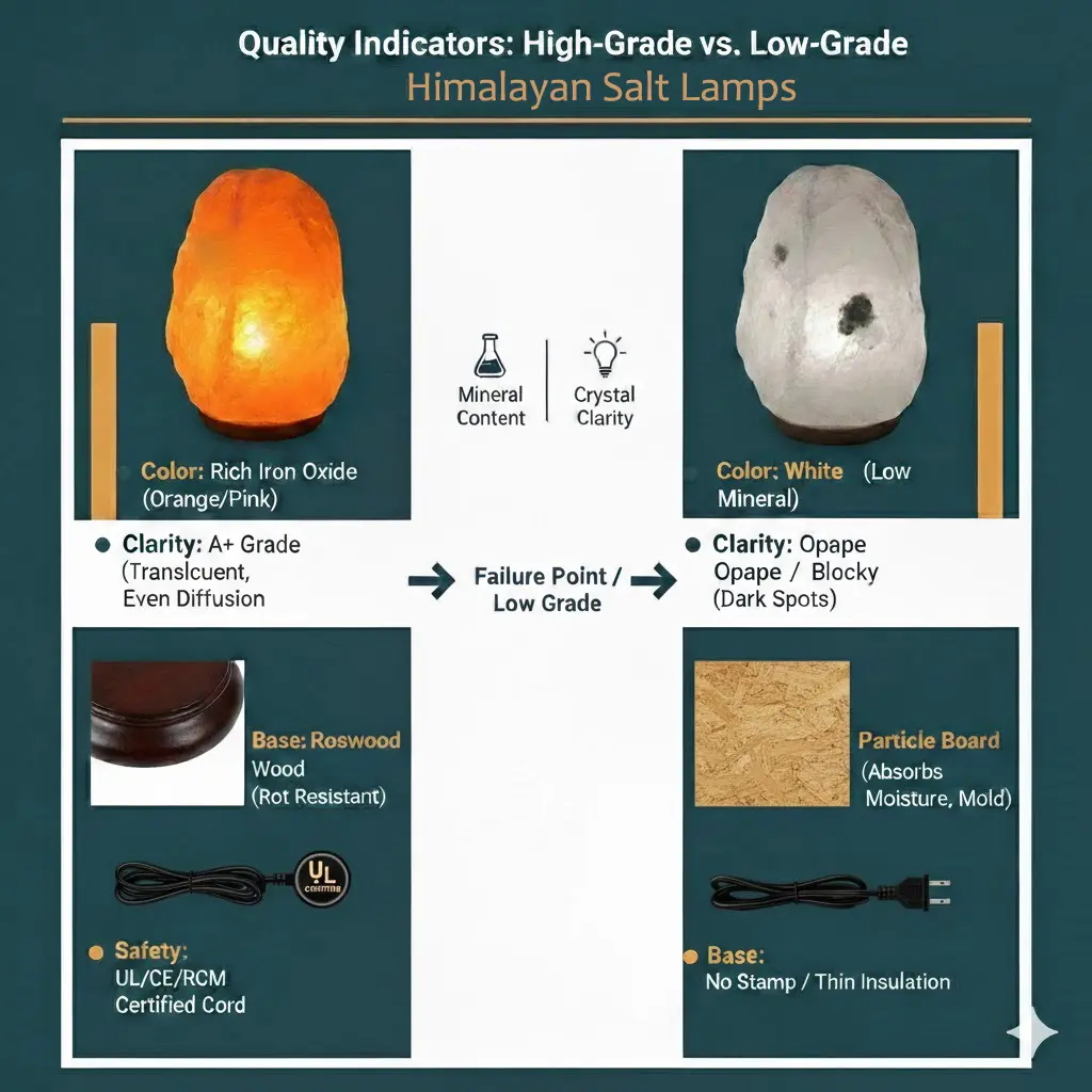Close-up of a high-quality Himalayan salt lamp showing A+ translucent pink crystal, a hand-polished Neem wood base, and a UL certified safety cord.
