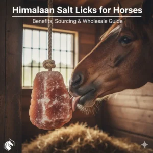 A horse licking a natural pink Himalayan salt block hung by a rope in a stable. The image illustrates the rock-hard density of the salt lick which prevents chunk biting, ideal for a wholesale guide on equine mineral supplements.