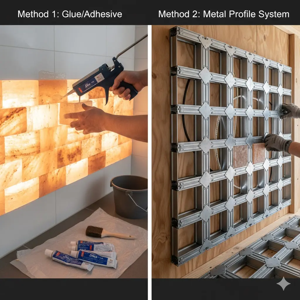 Comparison of two Himalayan salt wall installation methods: the adhesive bonding method using specialized glue (left) and the mechanical metal profile system for heavy-load dry installation (right). Ideal for sauna and wellness center construction.