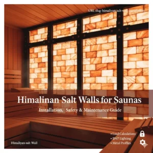 A professional Himalayan salt wall installation inside a wooden sauna, featuring backlighting, metal support profiles, and icons representing load calculations, IP67 waterproof lighting, and structural safety.