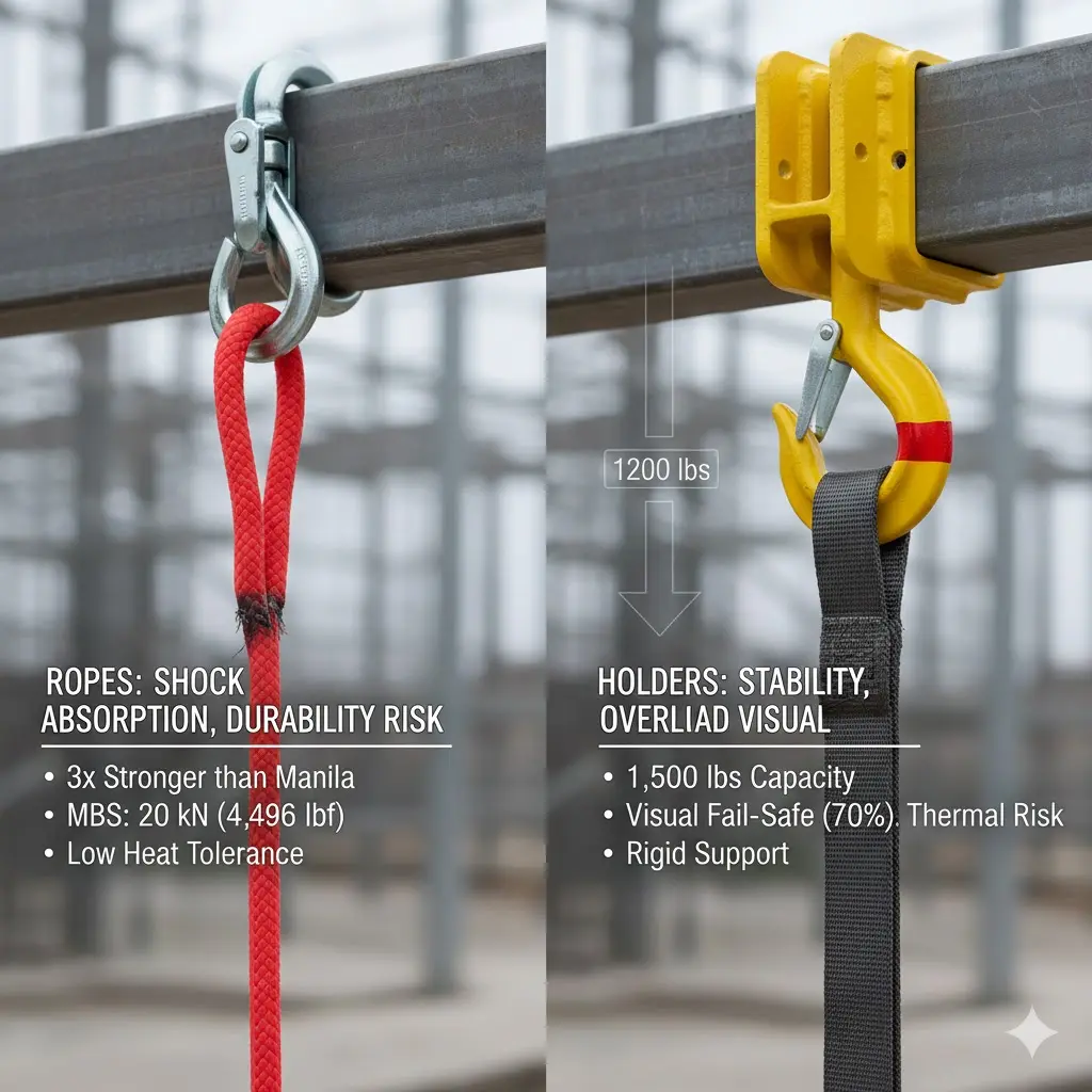 Side-by-side comparison of rope suspension vs. engineered metal holders, showing technical specs for shock absorption, MBS 20 kN rope standards, and 1,500-lb holder capacity with visual safety indicators.