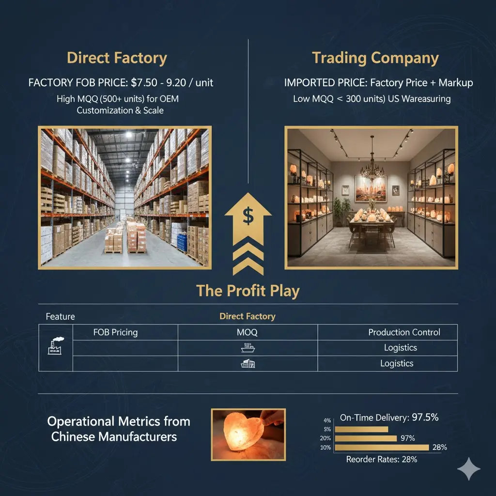 Comparative chart of Himalayan salt lamp manufacturing capabilities, including reorder rates, custom OEM shapes, and international logistics control for wholesale buyers.