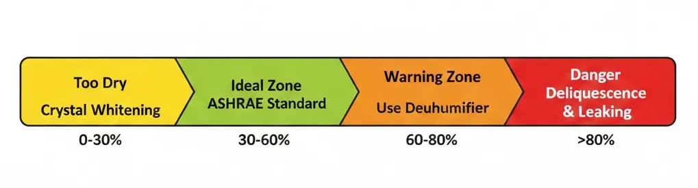 Color-coded humidity guide for salt lamps: 30-60% RH as the ideal ASHRAE zone, warning zone for dehumidifier use at 60-80% RH, and danger zone for deliquescence and leaking above 80% RH.
