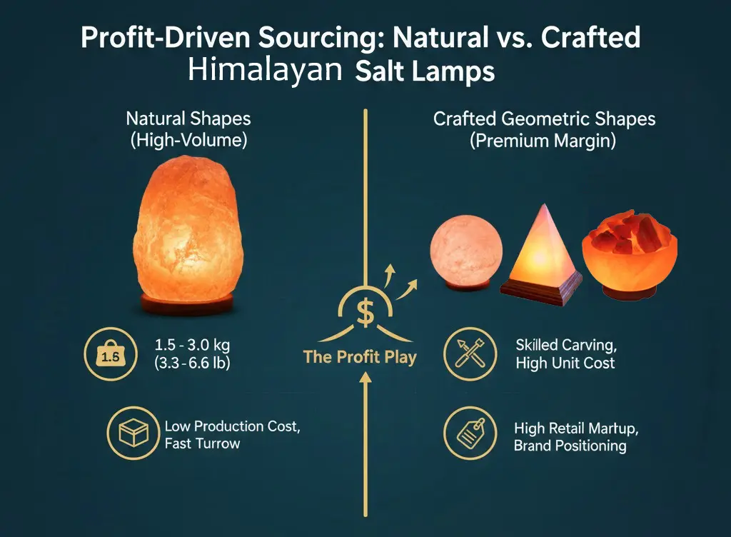 Infographic comparing high-volume natural Himalayan salt lamps (2-3kg) with premium carved geometric shapes like spheres and pyramids, including technical dimensions and retail margin analysis.