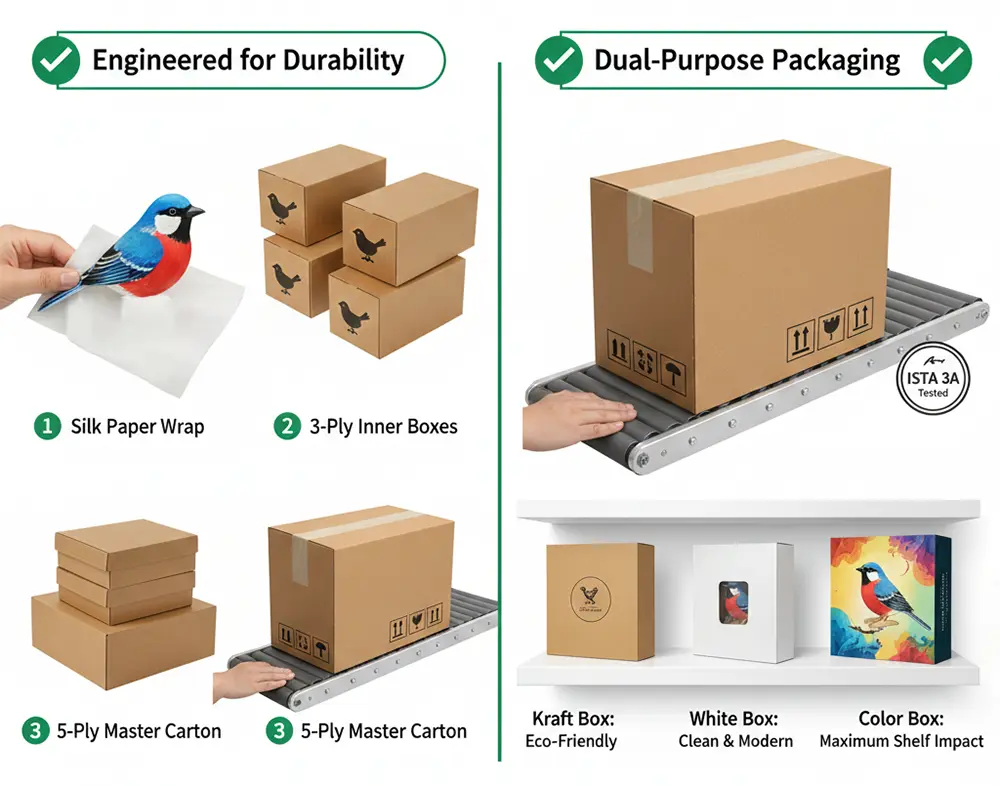 Packaging solutions for fragile wooden crafts wood birds