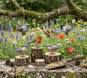 Carved wooden songbirds displayed in garden setting
