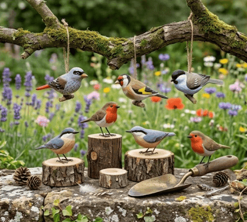 Carved wooden songbirds displayed in garden setting 