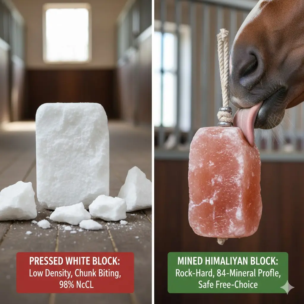 Comparison chart between a low-density pressed white salt block and a rock-hard mined Himalayan salt block. The left shows a broken white block illustrating the risk of chunk biting and 98% NaCl content, while the right features a durable pink salt lick with an 84-mineral profile, suitable for safe, free-choice feeding.
