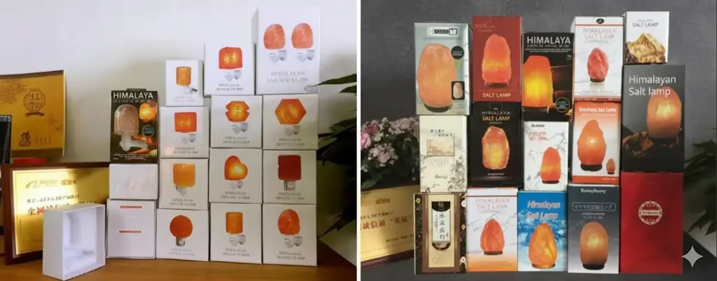 Premium Himalayan salt lamp packaging featuring moisture-proof polyethylene liners, shock-absorbing polyurethane foam, and custom branded rigid boxes for safe international transit.