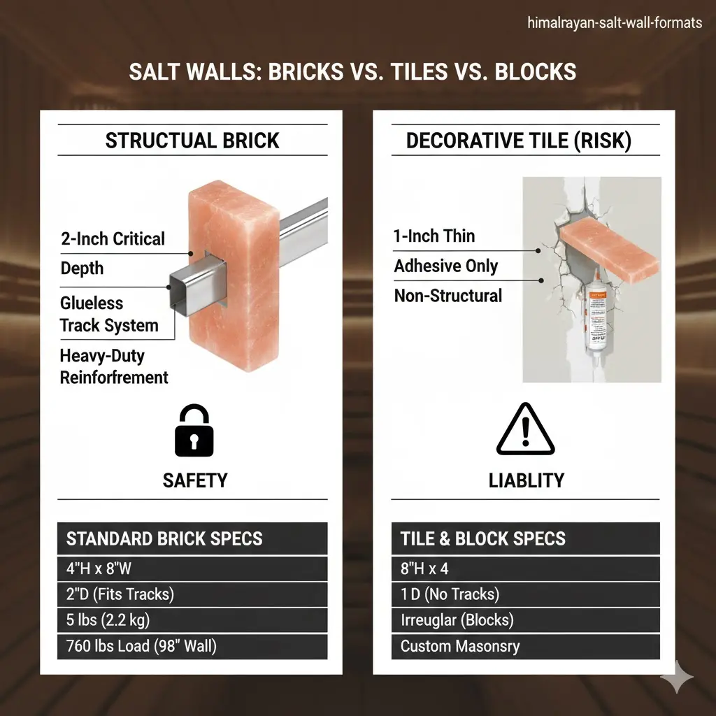 Infographic comparing structural Himalayan salt bricks (4x8x2 inches) with decorative tiles (1-inch thick). Diagram highlights 760 lbs dead load for 96-inch walls and compatibility with stainless steel glueless track systems.