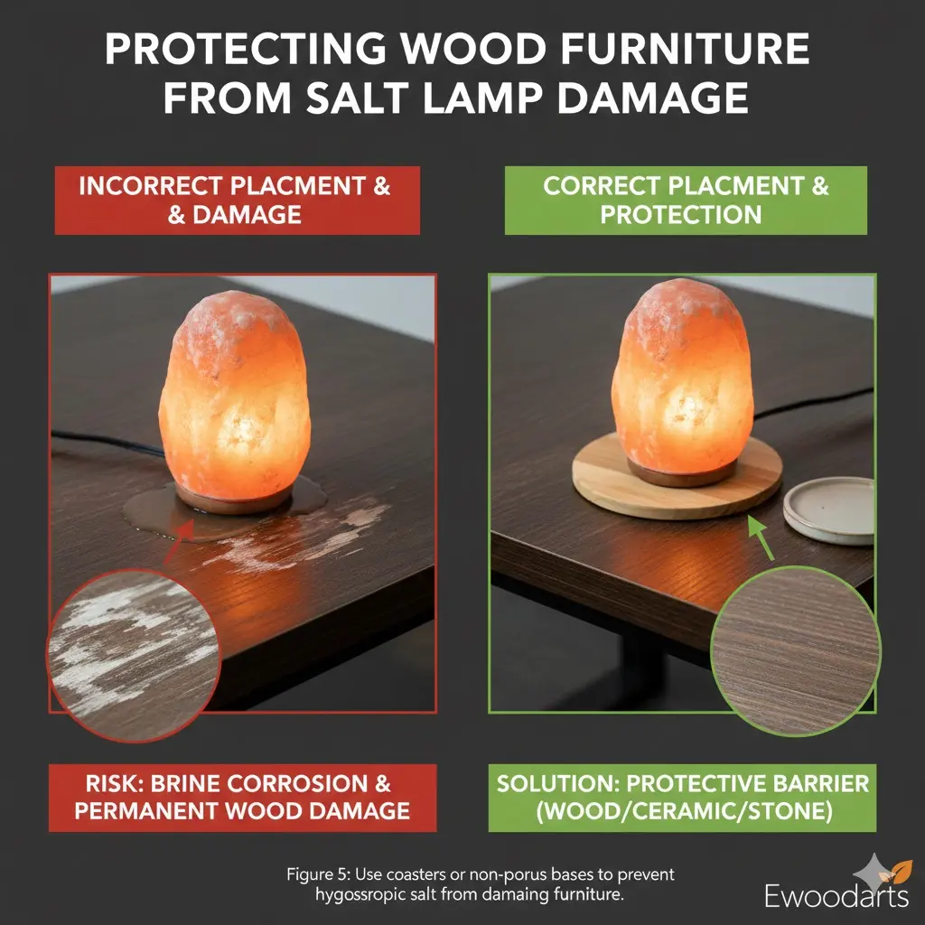 Comparison showing a salt lamp damaging wood furniture with brine corrosion versus a salt lamp safely placed on a protective wooden coaster. The left side highlights permanent white rings and varnish damage, while the right side demonstrates a preventative solution using a non-porous barrier.