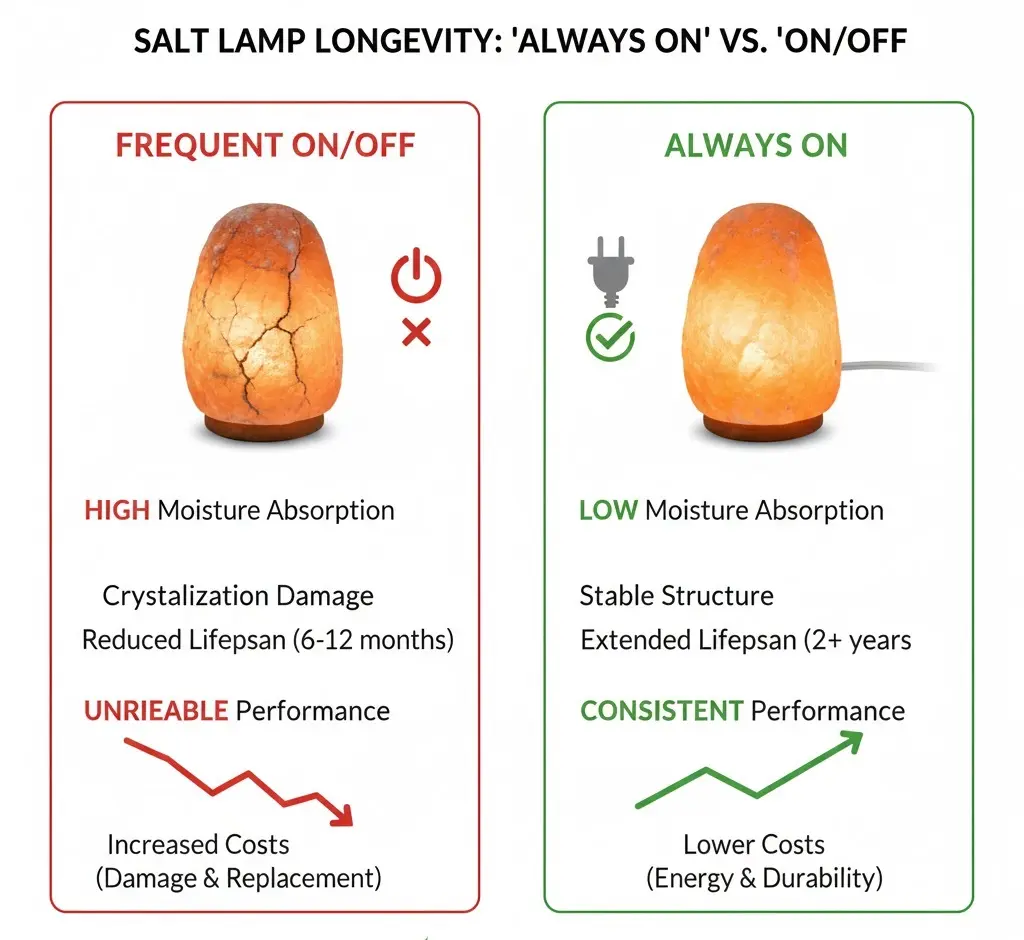 Comparison chart showing the benefits of keeping a salt lamp 'Always On' versus frequent 'On/Off' cycles. 'Always On' leads to low moisture absorption, stable structure, and 2+ years lifespan, while frequent switching causes high moisture, crystallization damage, and reduced lifespan.