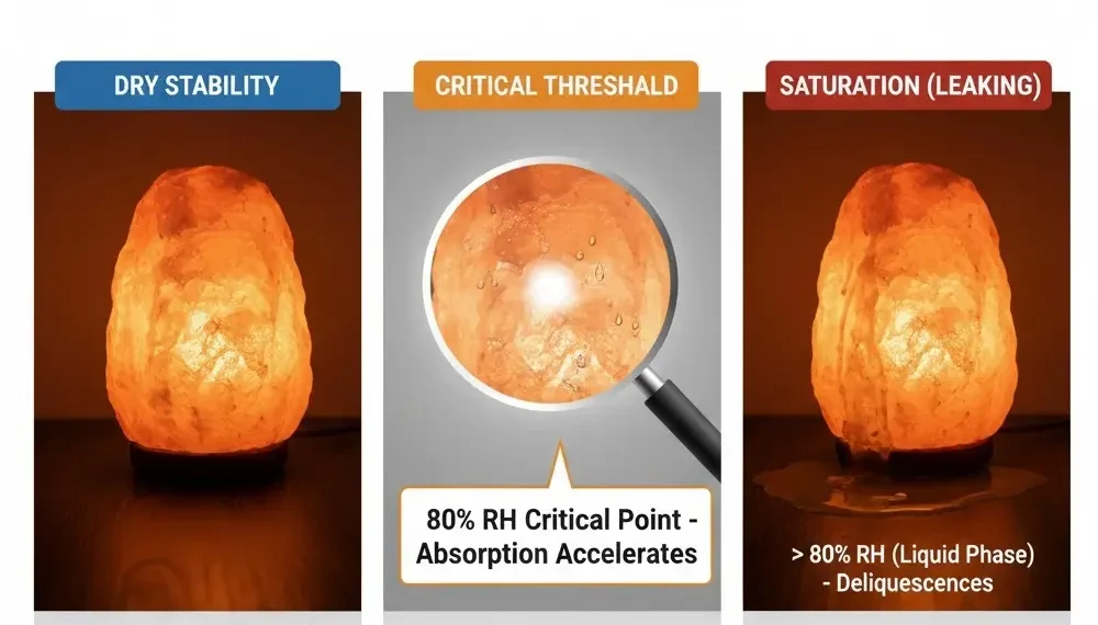 A leaking Himalayan salt lamp on a wooden table with a pool of brine at the base. The image shows the 'crying' effect caused by high humidity and a corroded electrical plug with slight smoke, illustrating the potential fire and safety hazards of salt lamp deliquescence.