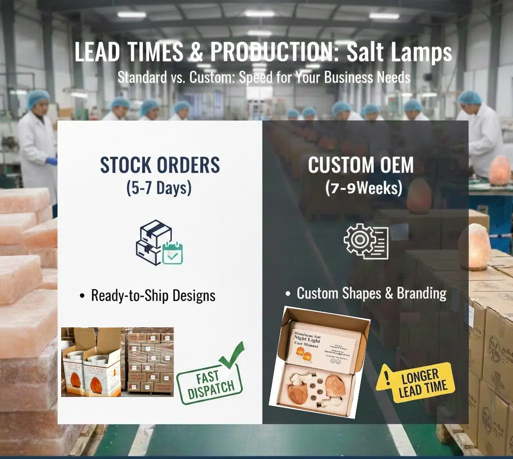 nfographic showing salt lamp lead times: 5-7 days for stock orders and 7-9 weeks for custom OEM branding, set against a background of a professional Chinese production line