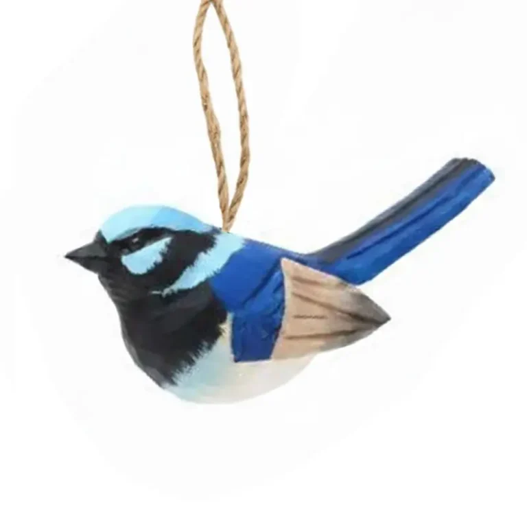 Superb Fairywren wooden bird carving, electric blue plumage, unique Australian bird gift