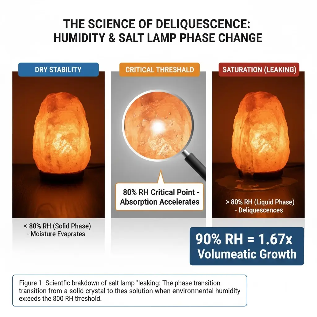 Scientific diagram illustrating the deliquescence of a Himalayan salt lamp: showing dry stability below 80% RH, the critical absorption point, and liquid phase saturation at 90% RH with 1.67x volumetric growth.