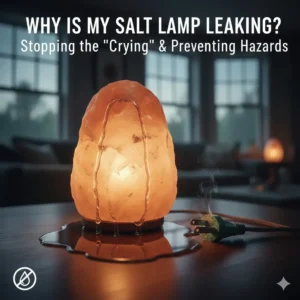 A leaking Himalayan salt lamp on a wooden table with a pool of brine at the base. The image shows the 'crying' effect caused by high humidity and a corroded electrical plug with slight smoke, illustrating the potential fire and safety hazards of salt lamp deliquescence.
