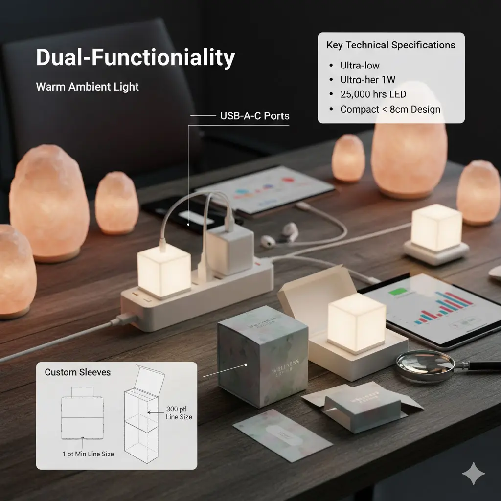 USB night light technical specifications and custom branded packaging sleeves.