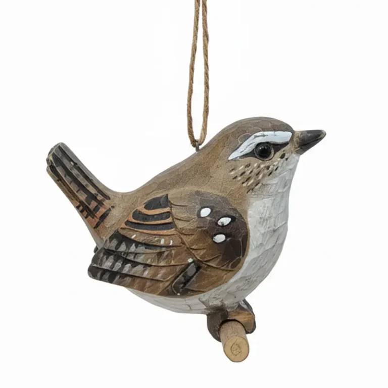 British Winter Wren hand-carved wood ornament, intricate feather details, small bird gift