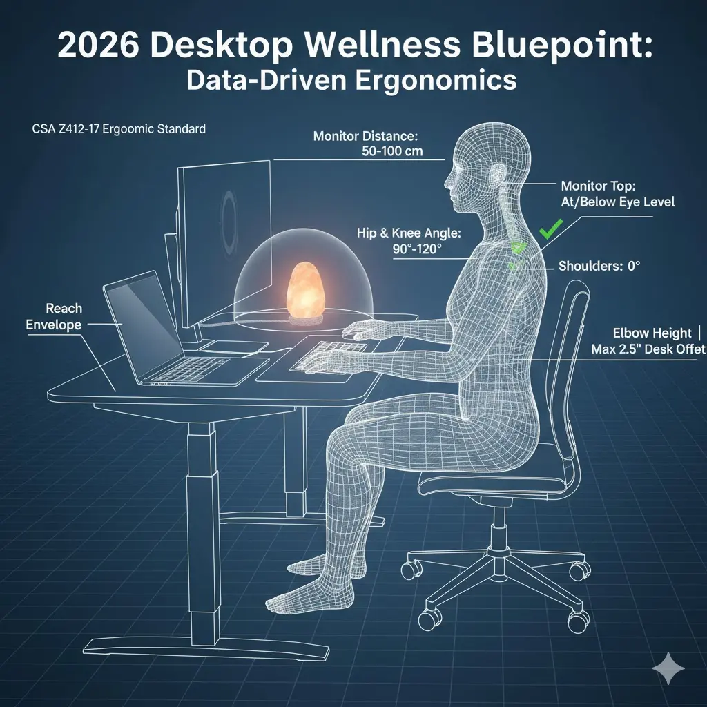 A technical blueprint diagram showing a 3D wireframe person at a desk with ergonomic labels: 50-100cm monitor distance, 90-120 degree hip angle, and a USB salt lamp placed within the reach envelope for workstation
