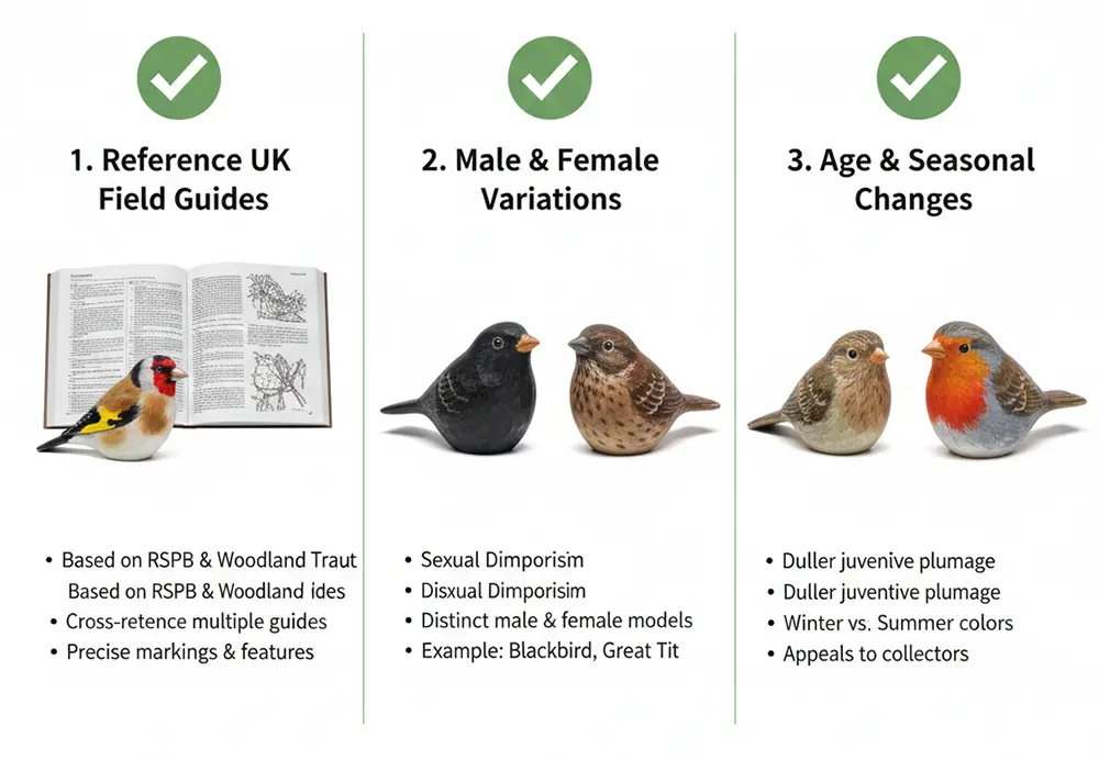 ensure colors of wooden birds match UK species