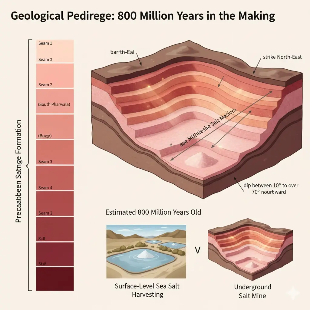 A geological diagram illustrating the 800-million-year-old Precambrian Salt Range Formation, showing seven distinct salt seams like South Pharwala and Buggy, with a comparison between surface-level sea salt harvesting and deep underground rock salt mining