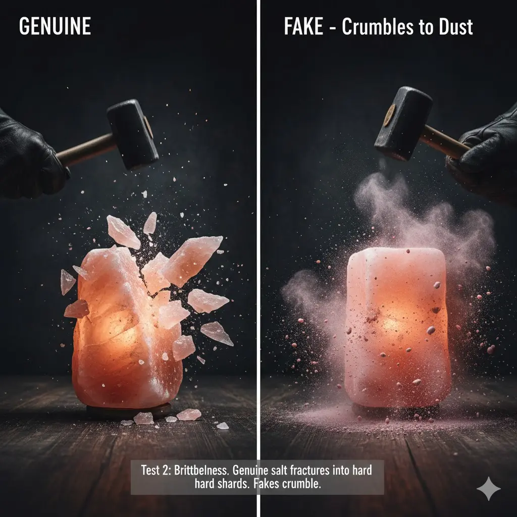 Comparison showing a genuine Himalayan salt lamp breaking into hard shards versus a fake lamp crumbling into fine dust during a brittleness test.
