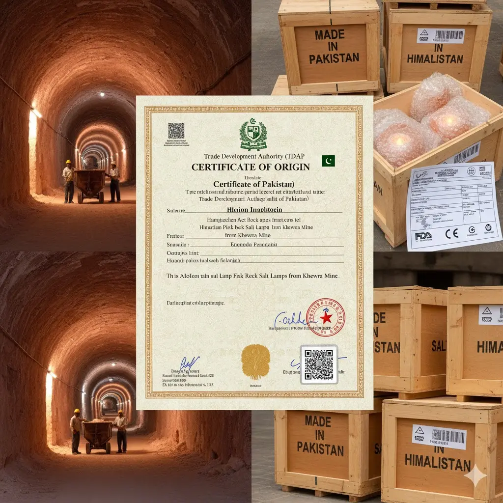A Pakistani Certificate of Origin (COO) for Himalayan salt, alongside images of workers in the Khewra Salt Mine and export crates marked 'Made in Pakistan' with FDA and CE compliance logos.