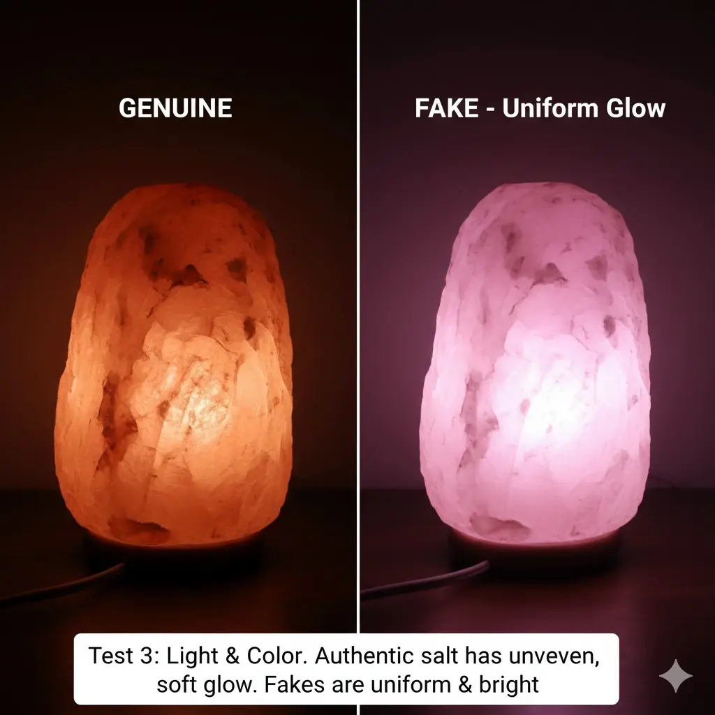 Side-by-side comparison of light transmission: A genuine Himalayan salt lamp showing uneven mineral patterns and a soft warm glow versus a fake lamp with a bright, uniform, and unnatural pink light.