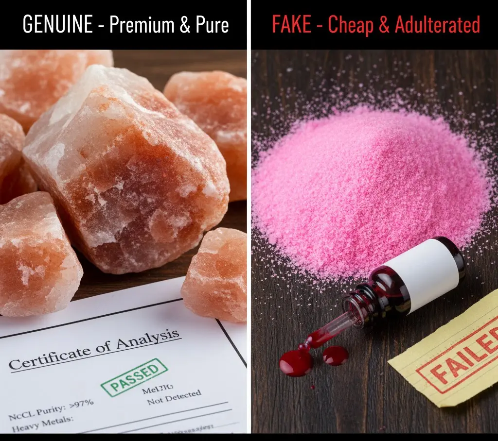Comparison of premium Himalayan rock salt with a 'Passed' Certificate of Analysis versus cheap dyed pink table salt with a bottle of artificial dye and a 'Failed' safety tag