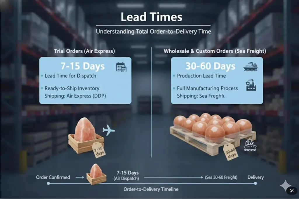 Infographic showing Himalayan salt lamp order lead times: 7-15 days for air express trial orders and 30-60 days for wholesale sea freight orders.