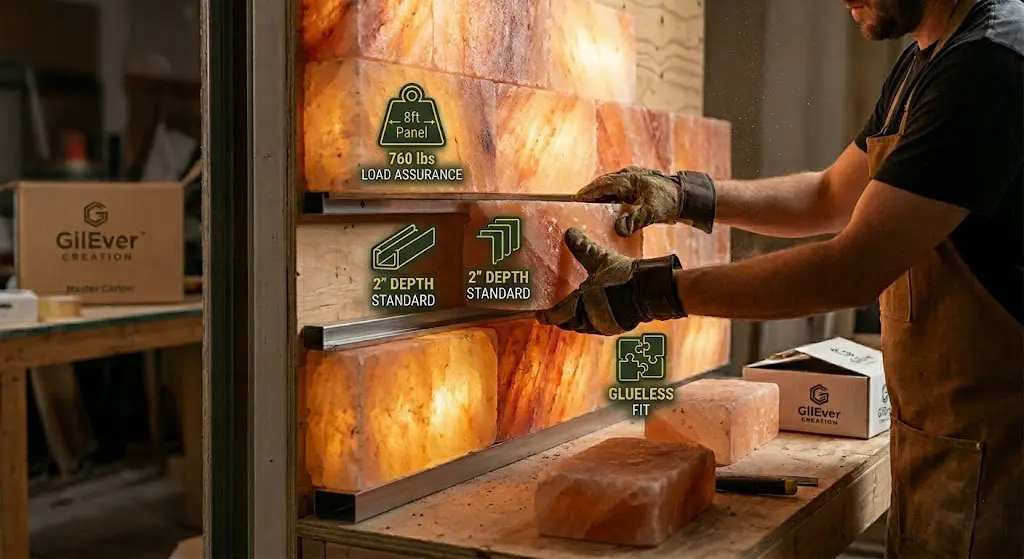 Professional installation of a backlit Himalayan salt wall using stainless steel channels and a glueless mounting system. The image highlights the 2-inch standard depth and 760 lbs load assurance for a secure, high-end wellness space design.