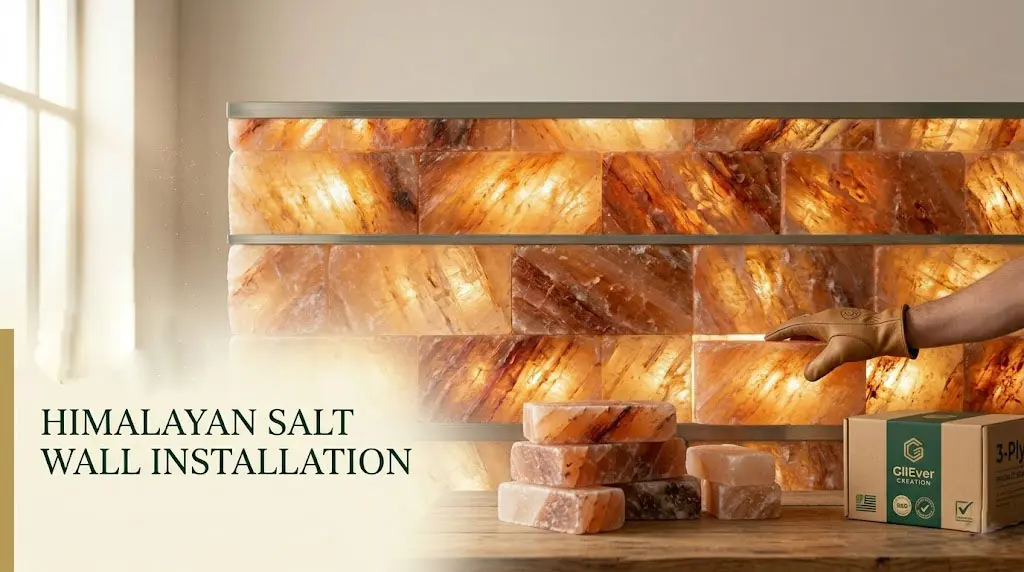 A professional featured image for Himalayan salt wall installation, showing a backlit salt brick wall with metal channels. The image features GilEver Creation's brand identity, protective 3-ply packaging, and an artisan's hand installing the glowing salt blocks.