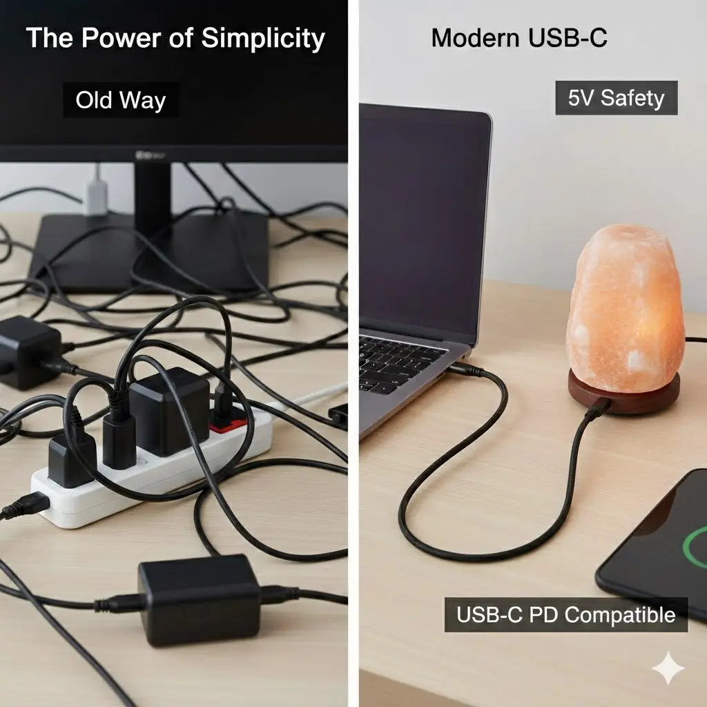 A side-by-side comparison titled "The Power of Simplicity": the left shows a cluttered power strip with bulky AC adapters and messy wires; the right shows a clean modern workspace with a mini Himalayan salt lamp powered by a neat black braided USB-C cable from a laptop