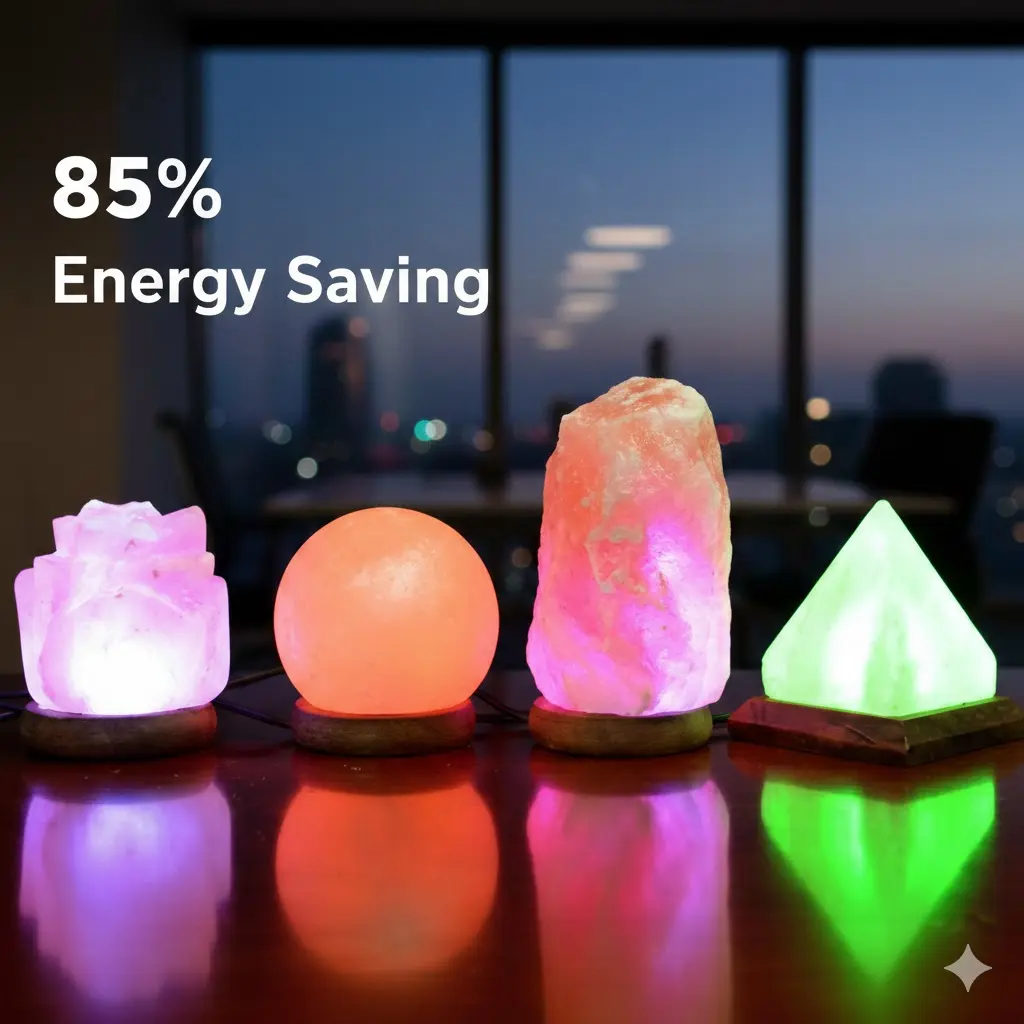 A collection of four USB-powered Himalayan salt lamps in various shapes—lotus, sphere, natural rock, and pyramid—glowing in vibrant RGB colors (purple, orange, pink, green) on a reflective desk. Overlay text says '85% Energy Saving' with a blurred modern office city view in the background.