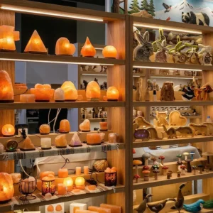 Artisanal Display of Hand-Carved Woodcrafts and Himalayan Salt Lamps