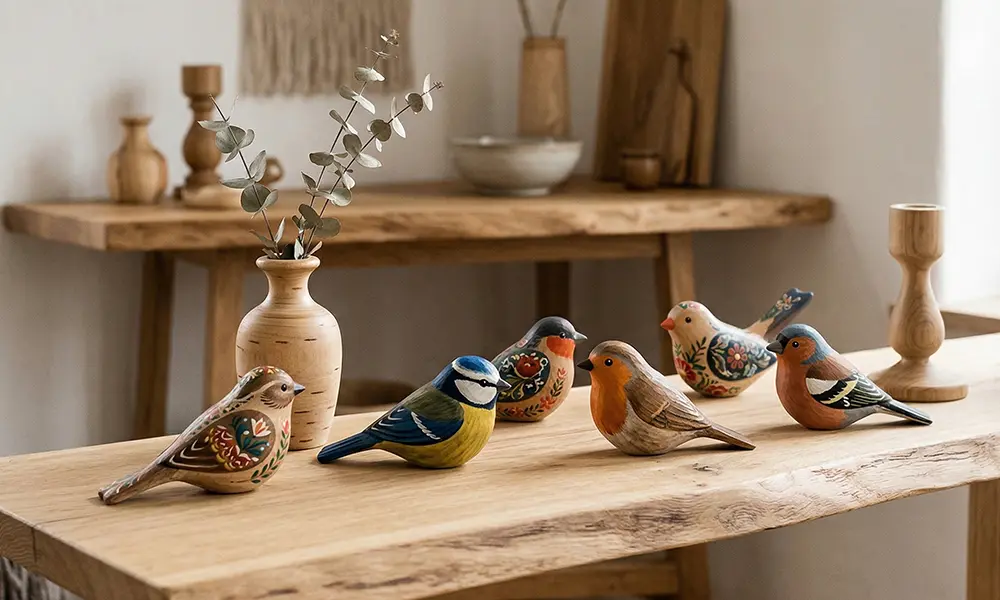A row of five hand-painted wooden folk art birds rests on a natural, light oak live-edge table within a cozy, minimalist Nordic-style living room.